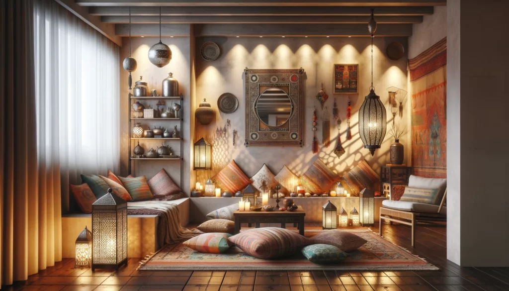 a Japanese apartment living room designed with a Moroccan style. This image incorporates the key elements you mentioned, such as hand-woven Berber rugs, colorful cushions, a Moroccan-style low table with floor cushions for a cozy corner, decorative shelves displaying Moroccan ornaments, and strategic lighting with metal lanterns and candle holders to create a mystical ambiance. Wall-mounted lights cast artistic shadows, complemented by Moroccan-style artwork and tapestries