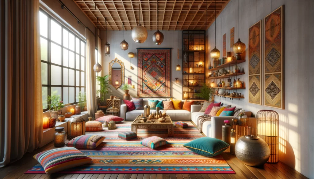  the living room, now brightly illuminated to showcase the entire space more clearly. The design captures natural light streaming in, enhancing the vivid colors and details of the Moroccan style, including the hand-woven Berber rugs, colorful cushions, and decorative elements