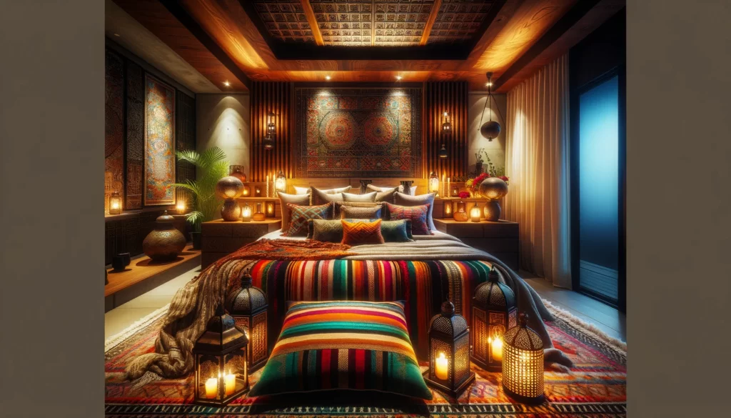 a Japanese apartment bedroom adorned in Moroccan style, captured from a diagonal perspective to provide depth and a dynamic view of the space