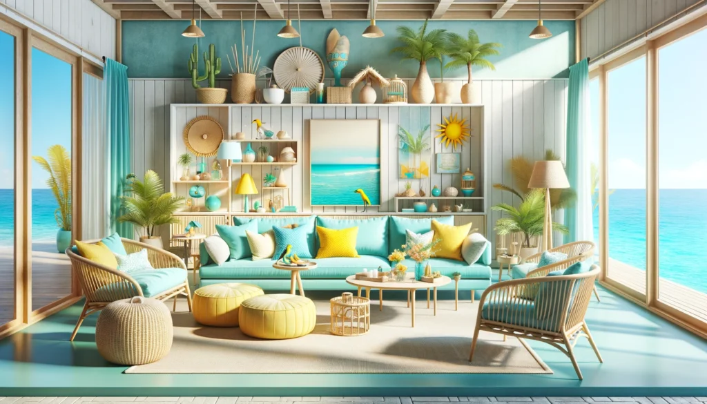  the description of transforming a living room into a Caribbean resort style, featuring bright and cheerful space with aqua blue and sunshine yellow accents, and incorporating natural wood furniture and tropical elements for a lively atmosphere conducive to relaxation and open conversation