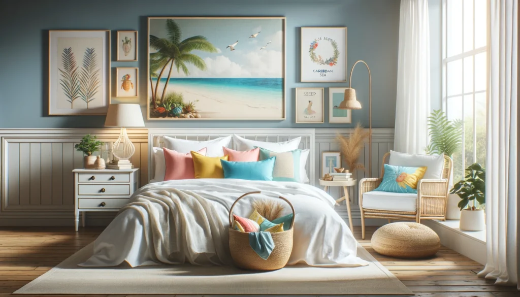 white linen bedding and bright colored pillows and cushions, highlighting a serene and comfortable sleeping environment with a touch of seaside motifs to enhance the Caribbean vibe.