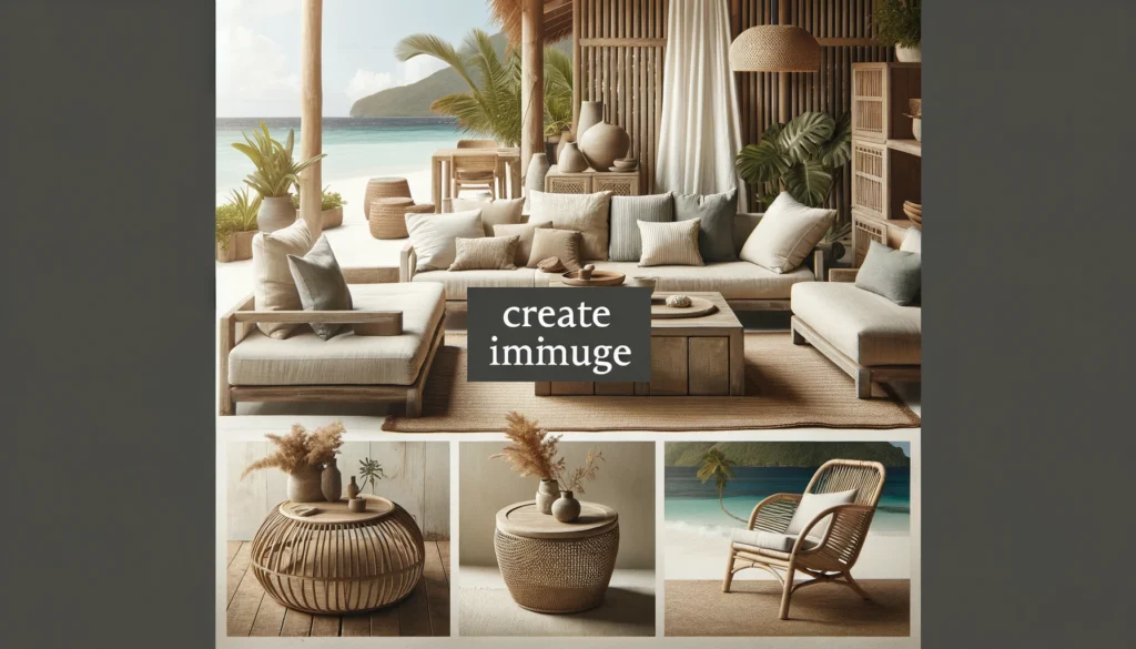  furniture that embodies the Caribbean Sea style, including items like a natural wood coffee table, linen or cotton sofas, and rattan chairs