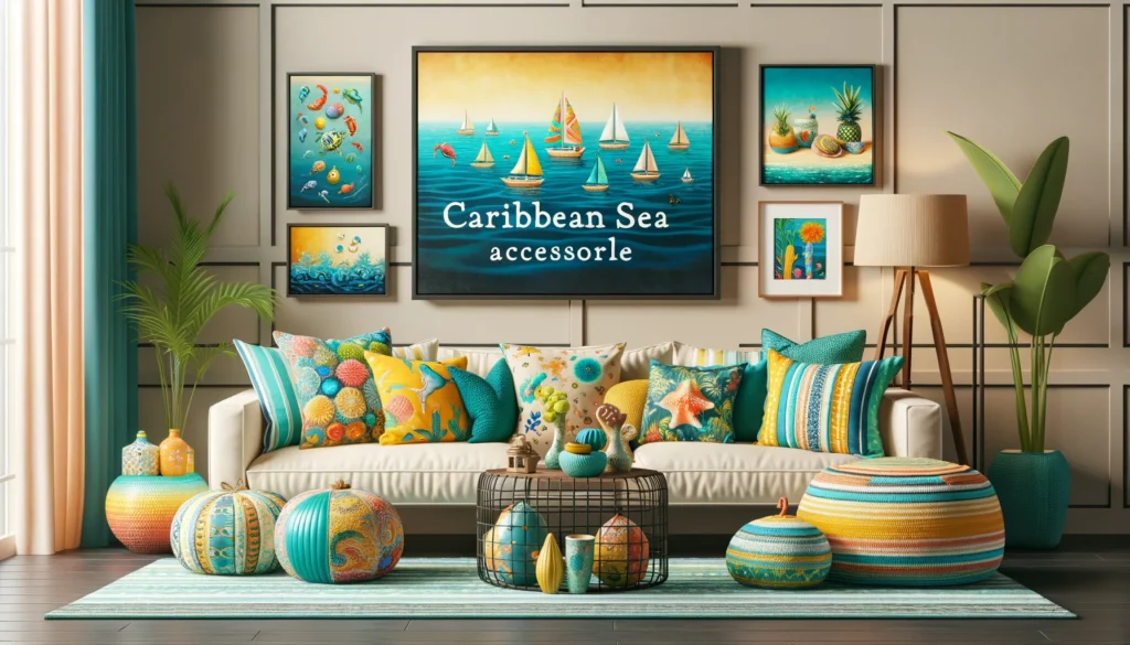 features accessories and decorative items that serve as accents within a room, such as colorful cushions, sea-inspired artwork, and decorative pieces in bright colors like blue, yellow, and green. These accessories enhance the room's ambiance, bringing the lively and refreshing spirit of the Caribbean Sea into an interior space