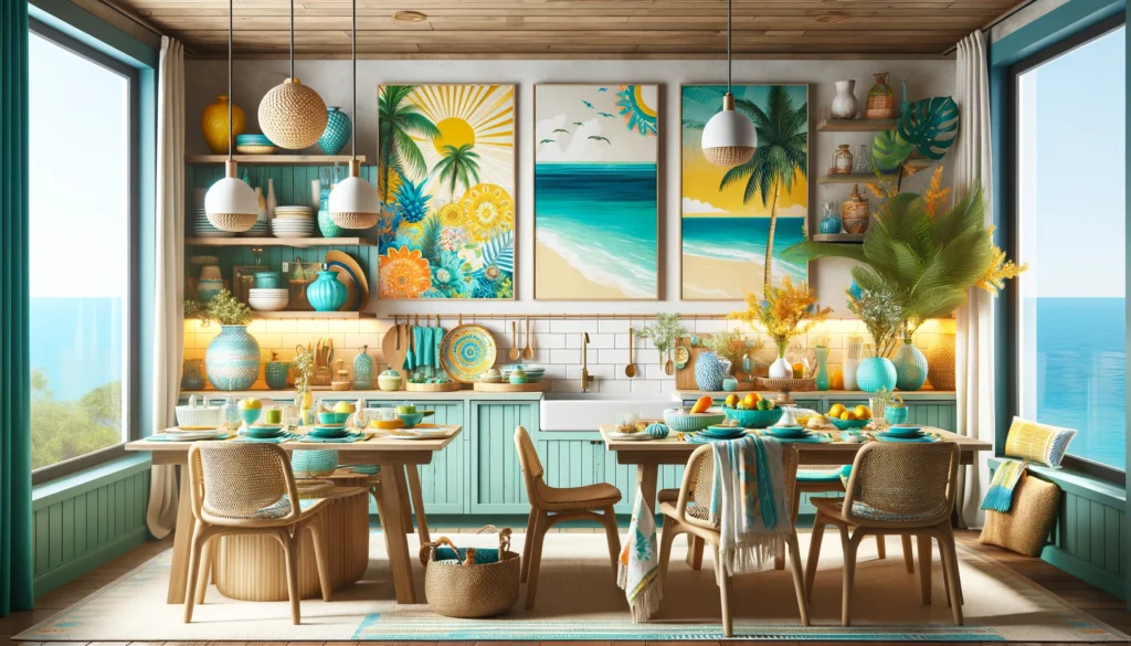  kitchen and dining area that beautifully incorporates the Caribbean Sea style, featuring colorful accessories, dishware, natural wood dining furniture, and decorative elements that evoke the lively and refreshing ambiance of the Caribbean