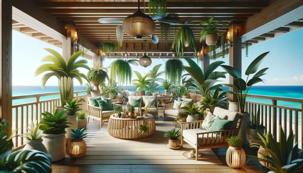 captures the essence of incorporating greenery into the Caribbean Sea style theme, focusing on indoor plants creating a tropical atmosphere and the arrangement of plants on a balcony or terrace to enhance the Caribbean resort feel