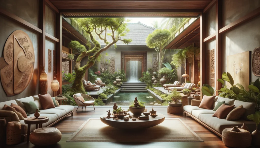 屋内と屋外の要素がシームレスに融合した開放的な空間が特徴で、小さな室内庭園や流れる水の音が含まれています