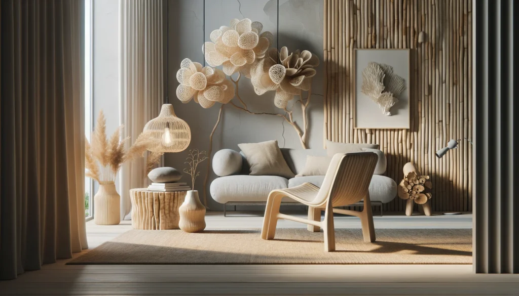 showcasing a living space with furniture made from innovative and sustainable materials. The scene should convey a m