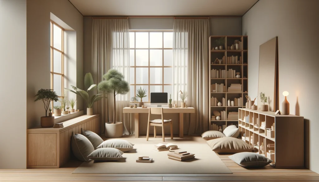  a simple room designed with the 'Dumb Home' concept in mind, emphasizing minimalism and a disconnect from technology. It features minimalist furniture such as a low wooden table, comfortable floor cushions for seating, and a simple bookshelf filled with books, creating an environment conducive to reading, personal reflection, and face-to-face interactions