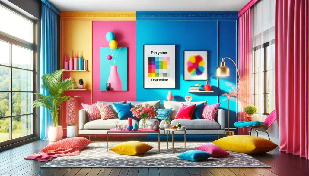 リビングルームには、電気ブルーやホットピンクのような明るく鮮やかな色で塗られた壁が特徴で、色と調和するカラフルなアクセントピース（クッション、ラグ、アートワークなど）が空間にダイナミックな変化を加えています