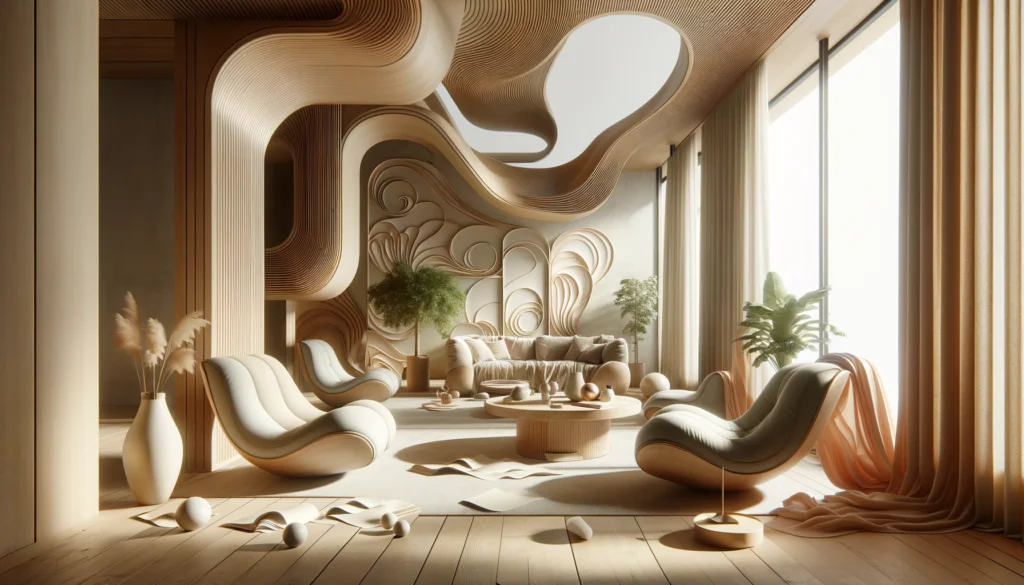 the essence of 2024's interior design trend, focusing on furniture with flowing forms and curves. It showcases pieces that mimic the organic shapes found in nature, contributing to a calming and elegant atmosphere. The furniture's soft curves not only offer visual appeal but also ensure comfort, creating a welcoming and psychologically soothing environment