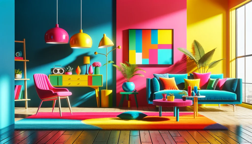  furniture incorporating bright and vivid colors, demonstrating how such colors can energize an interior space. It features a piece of furniture in one of the vivid colors—electric blue, hot pink, or sunny yellow—set against a boldly painted wall or accompanied by colorful accent pieces