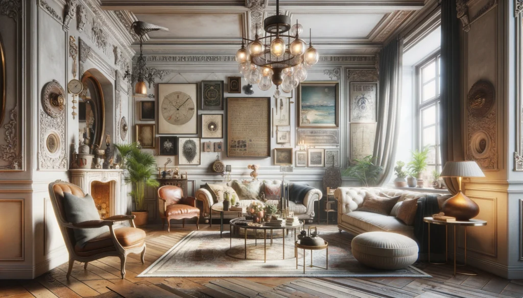 a room that beautifully blends originality with timeless charm, featuring a carefully curated selection of personalized decorations like artwork, photographs, and collections that reflect the individual's interests. Custom-made furniture and handmade decoration items create a unique and special space, while antique pieces add layers of history and stories. 