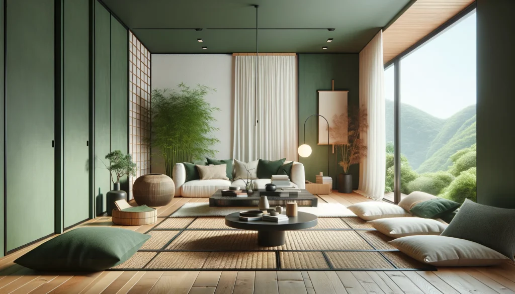  a modern living room interior integrating Japanese traditional colors inspired by nature. This room features an accent wall in a shade inspired by forest green or light bamboo green, complemented by natural wood flooring and furniture