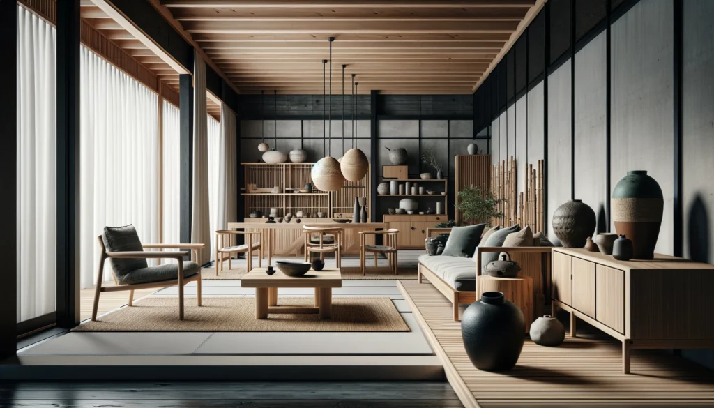 A living space showcasing the use of wood, stone, ceramics, and cast iron. The design focuses on harmony between nature and modern living, featuring simple yet functional furniture that embodies minimalist aesthetics.