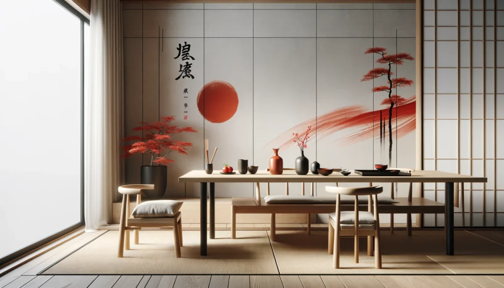  Japanese modern dining room with a subtle vermillion (shu) accent. The design blends traditional Japanese elements with modern aesthetics, featuring furniture with clean lines and natural materials