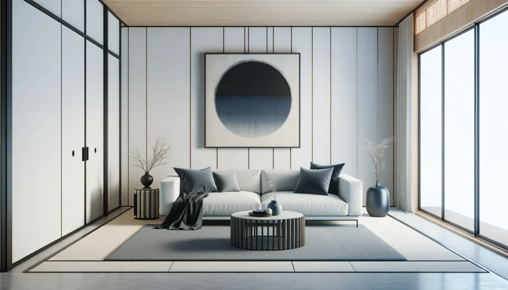 Japanese modern living room, incorporating a striking indigo (ai) accent as a focal point. This design merges traditional Japanese aesthetics with contemporary minimalism, showcasing clean lines, natural materials, and a harmonious balance, with the indigo accent adding depth and tranquility to the space.