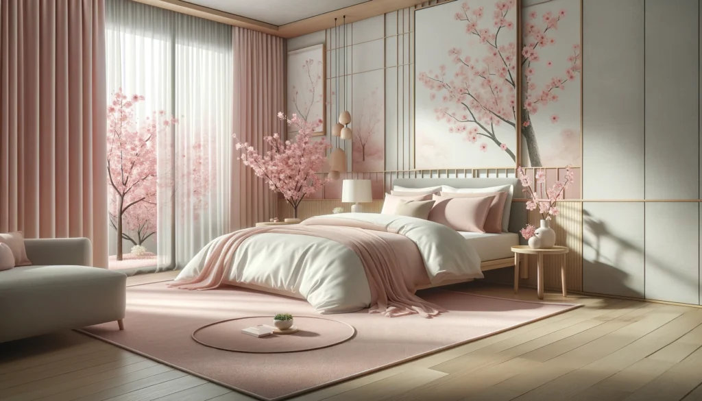 A serene bedroom with sakura color accents in textiles.