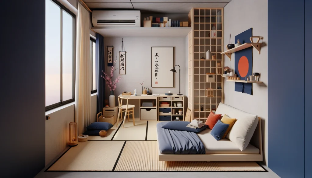 he minimalist lifestyle of a Japanese student living in a one-room apartment. The space is practical and contains only the essentials: a futon for sleeping that can be folded and stored away, a small desk for studying, and some shelving for books and essentials.