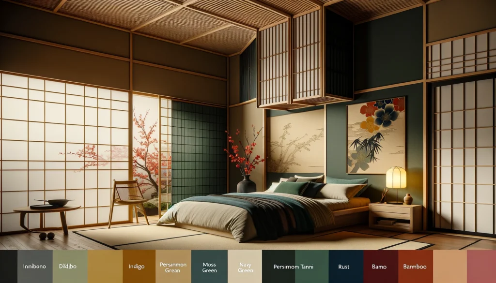  serene Wa-Modern bedroom viewed from the corner, featuring one of the traditional Japanese colors as an accent to enhance the relaxing atmosphere.