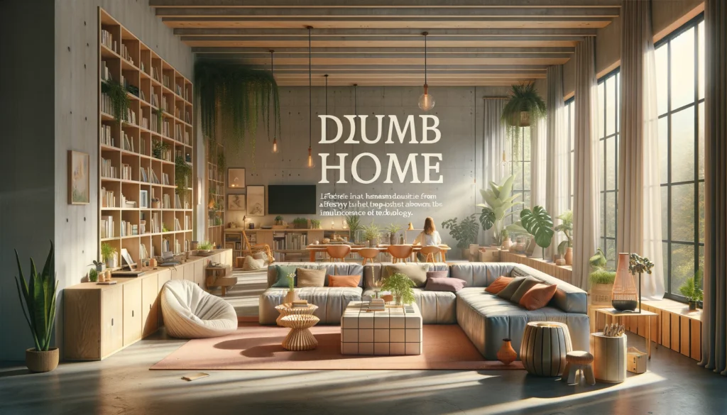 a tranquil and relaxing living space that embodies the "Dumb Home" concept, emphasizing a lifestyle that steps away from the influence of technology