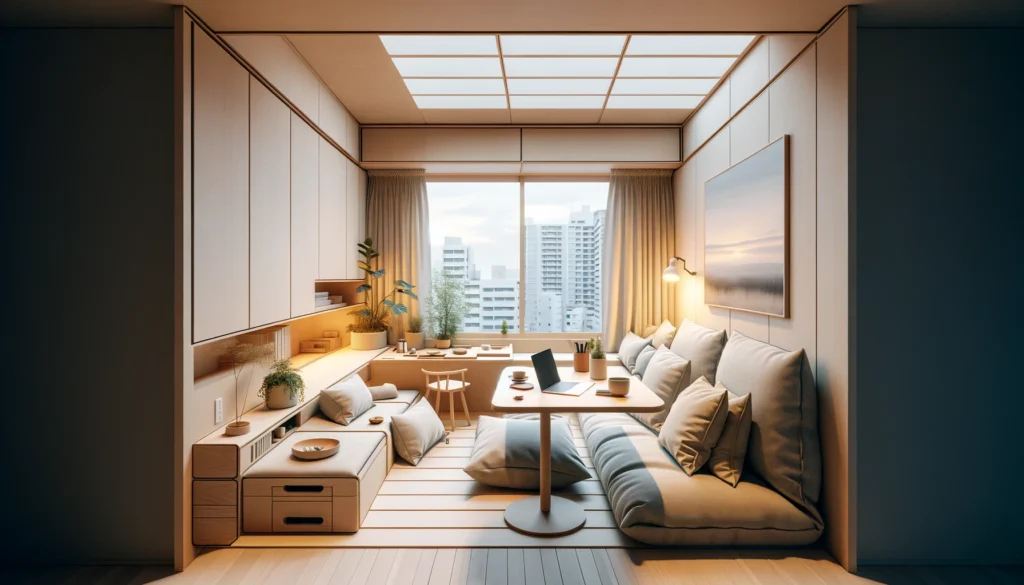 日本の典型的なワンルームアパートメントに適した、「ダムホーム」コンセプトを取り入れた高効率かつスタイリッシュなインテリアデザインを表現