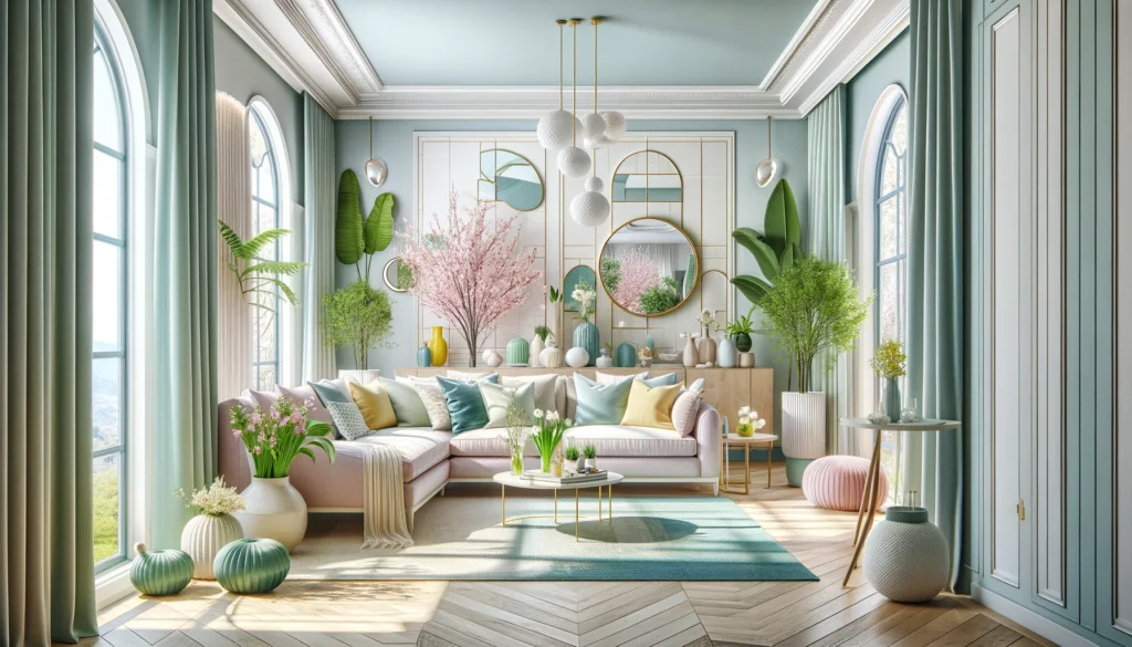 spring-inspired living room design, combining the Spring Breeze palette with 2024 interior trends