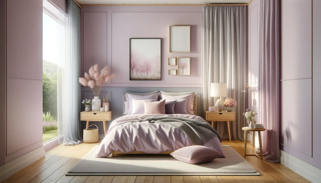 pastel lavender and sakura pink accents, natural wood furniture, and soft, plush textures.