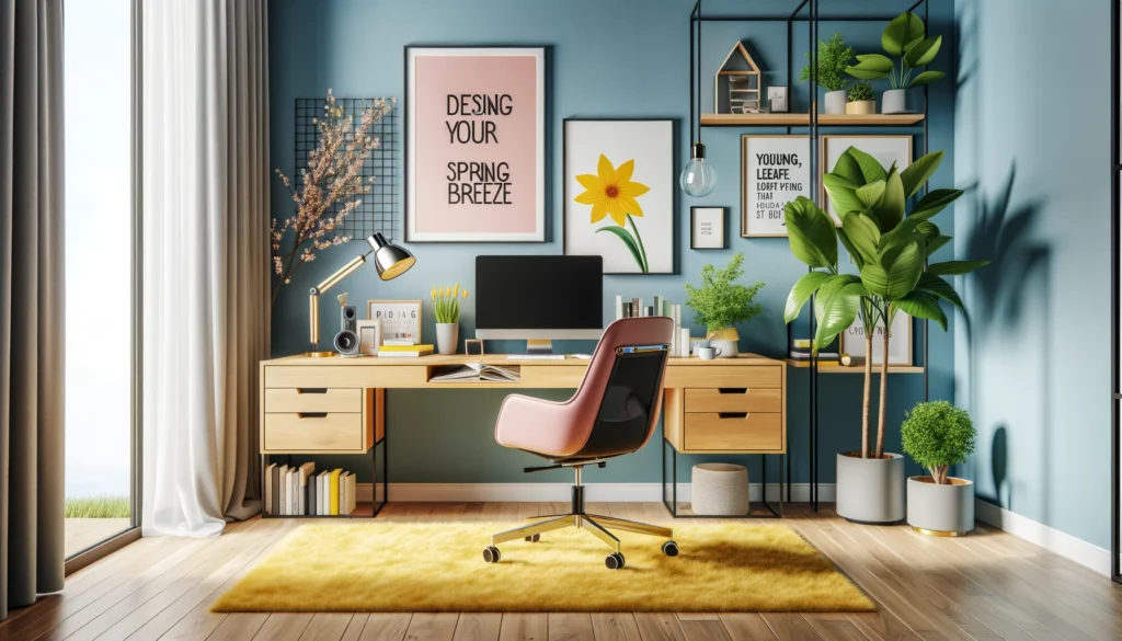 A vibrant and functional workspace with bright sky blue walls, a sakura pink chair, and young leaf green plant accents for a fresh, productive environment.