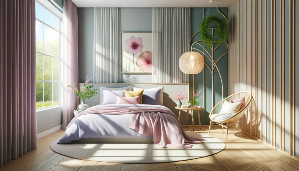 自然光が差し込む明るい寝室に、パステルラベンダーのリネン、桜ピンクと水仙黄の枕で飾られたベッド。ナチュラルウッドのナイトスタンドには、新鮮な緑の葉を持つ花瓶が置かれ、壁は柔らかな空色と若葉緑でアクセントを加えています。ユニークなカーブのフロアランプと丸いラタン製のチェアが、モダンで自然な要素を融合した春にインスパイアされた落ち着きと再生の雰囲気を創出しています