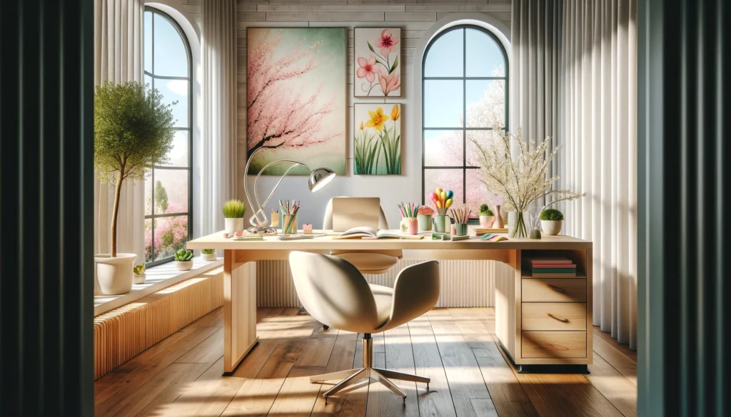 春のパレットの要素を取り入れ、新しい始まりと春の再生を反映したライトナチュラルウッドのデスクとカーブデザインのモダンな椅子を特徴としています。部屋は明るく開放的で、大きな窓から自然光がたっぷりと入ります。デスク上には、桜ピンク、若葉緑、水仙黄のカラフルなオフィス用品があり、春色を添えています。ワークスペースの周りにはいくつかの鉢植えが置かれ、室内に自然のタッチを加えています