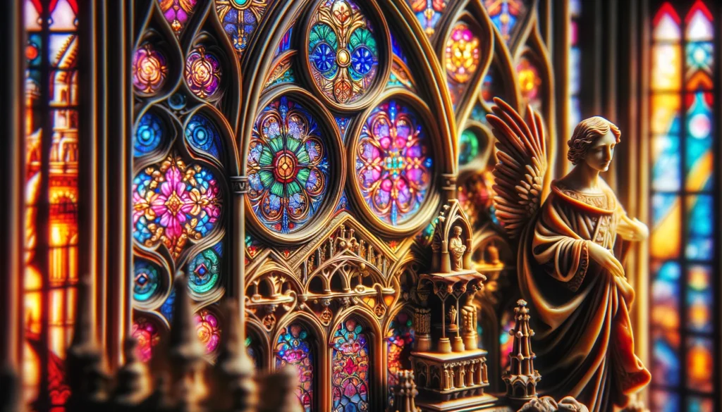 For this close-up view, focusing on the details of stained glass and sculptures