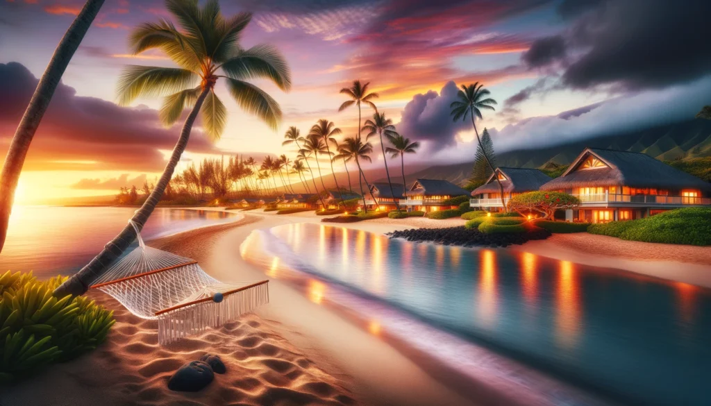  Hawaiian resort, evoking the serene beauty of a tropical paradise at sunset