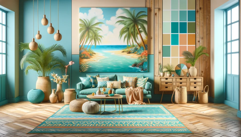 海と大地からインスピレーションを受けたカラーパレットを用いて、ハワイのトロピカルな色彩と陽気な雰囲気を室内に取り入れた様子
