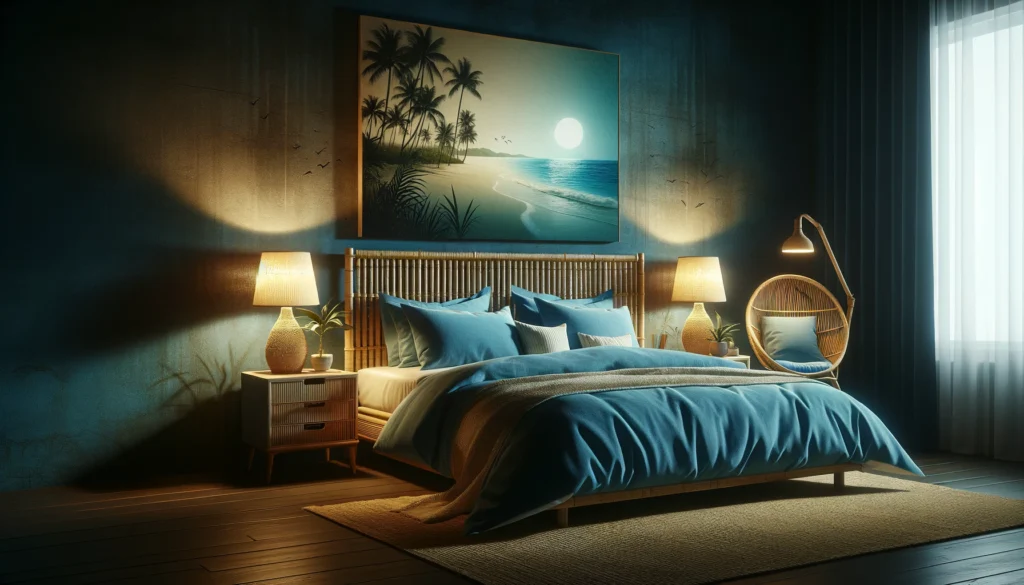 ブルーのベッドリネン、バンブーやラタン製のヘッドボード、そしてハワイアンスタイルのランプによって優しく照らされた夜の寝室。部屋は自然な質感のラグやハワイアンビーチの壁画によって温もりを感じさせ、リラックスできるトロピカルな雰囲気を醸し出している。