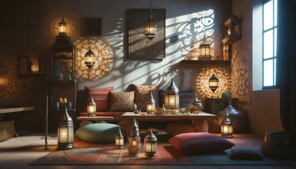  the enchanting atmosphere of a Moroccan-style living space, with a focus on the innovative use of lighting