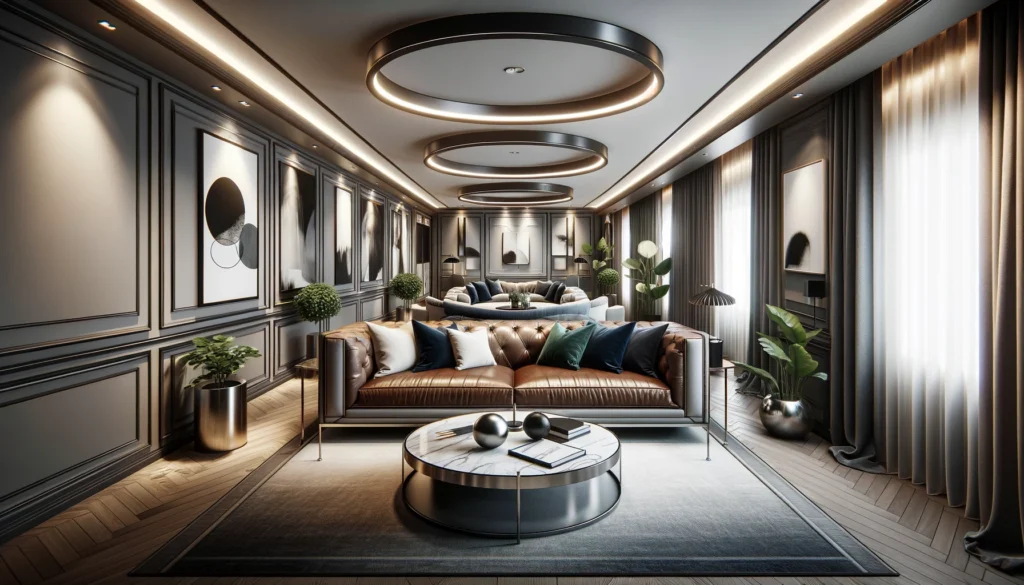 the luxurious, hotel-like home interior from an angled, human-eye perspective. This view offers an immersive and realistic look at the sophisticated space, enhancing the elegance and comfort designed for both relaxation and style