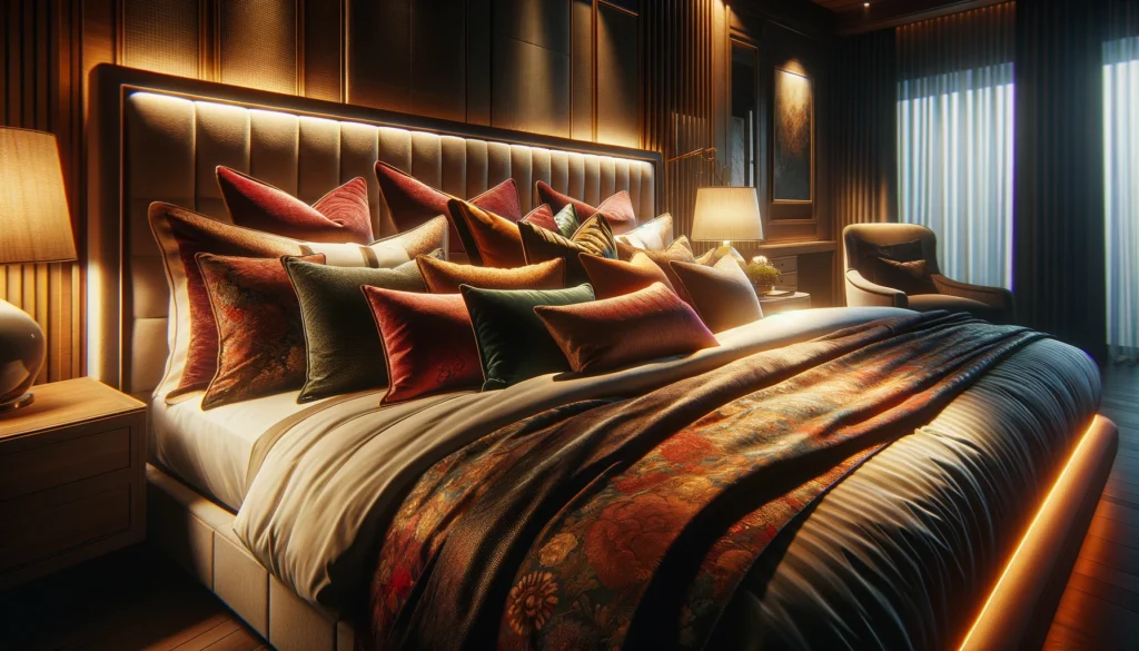 the luxurious details of a bed in a hotel-like bedroom at night, emphasizing the rich textures and the inviting warmth of ambient lighting