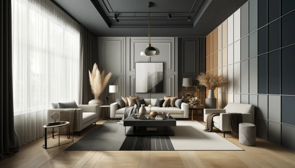 a sophisticated and modern interior space, utilizing a harmonious color scheme of grey, beige, white, and black. This visualization captures a serene and elegant atmosphere, balancing these colors to highlight the room's comfort, style, and luxurious feel.