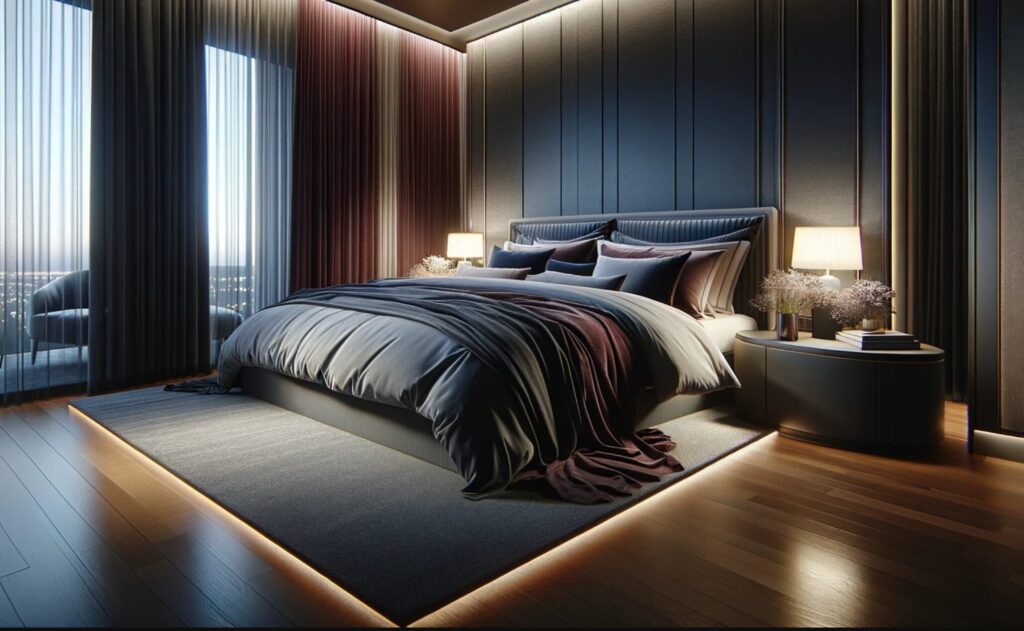 the essence of a luxurious hotel-like bedroom at night, focusing on a king-sized bed from a diagonal front perspective