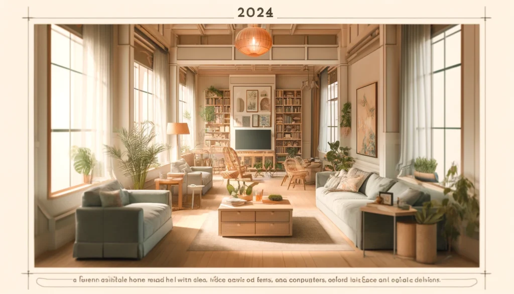  living room designed according to the 2024 "Dumb Home" trend, focusing on simplicity, digital detox, and human connections