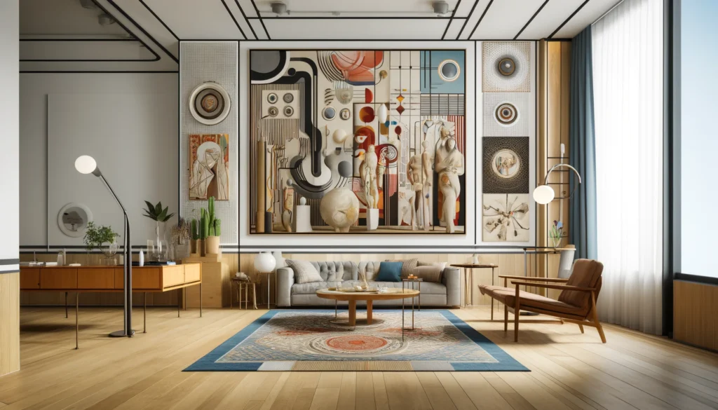 modern art with Mid-Century Modern interior design is showcased, where abstract paintings or sculptures adorn the wall, transforming the space into one that mirrors the ambiance of a gallery.