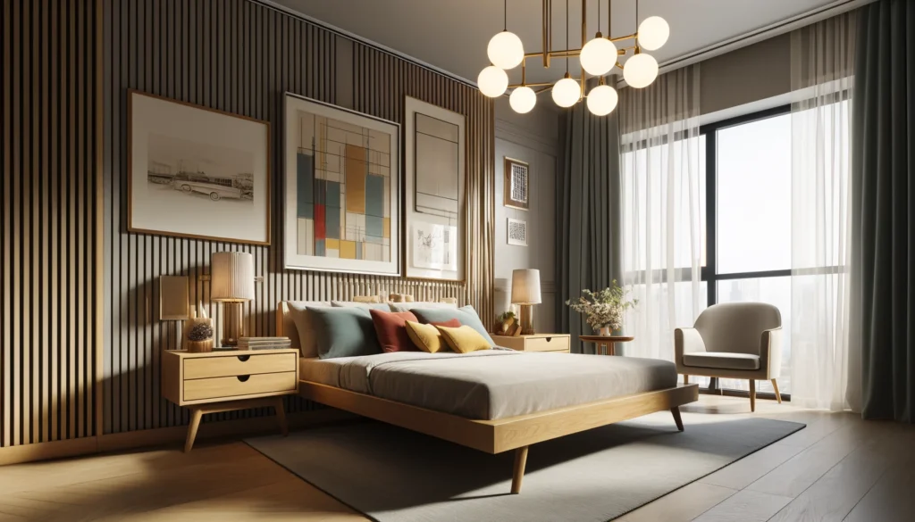 家具はクリーンなラインと機能的なデザインが特徴で、ニュートラルな色合いに鮮やかなアクセントカラーが空間に温かみとモダンな雰囲気をもたらしています