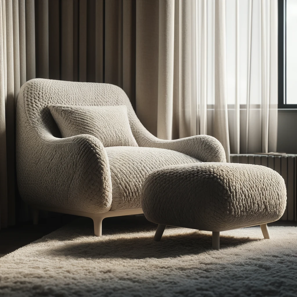 Boucle Fabric Armchair with Ottoman: This image captures the plush, inviting texture of the boucle fabric, emphasizing comfort and luxury in the setting