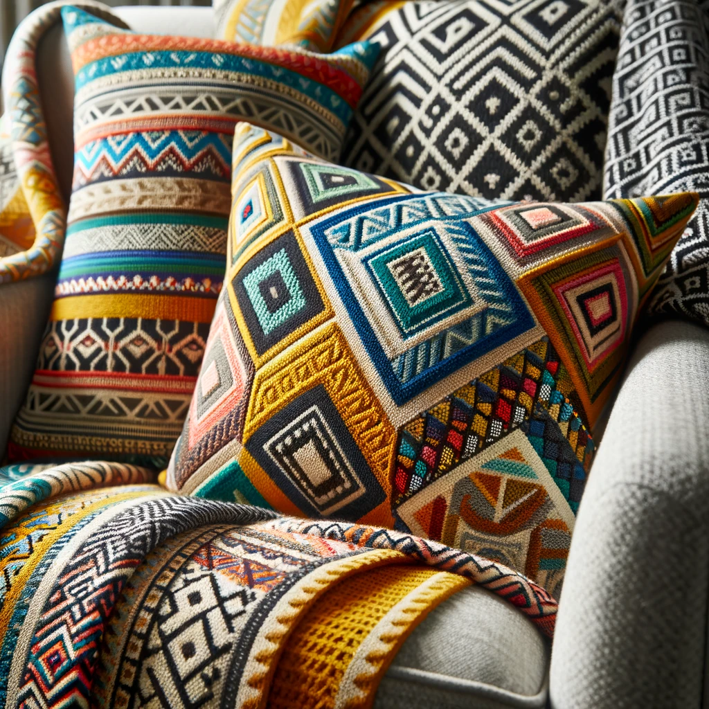 Geometric-Patterned Throw Blanket and Decorative Pillows: This image showcases the vibrant colors and intricate patterns of the accessories, illustrating how they complement the primary textures in the space