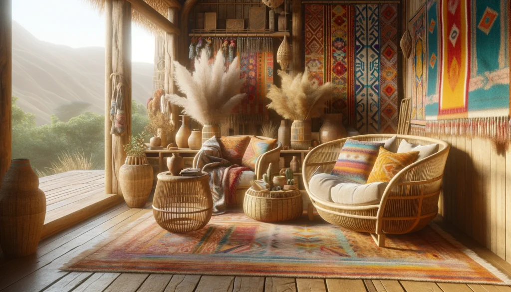 ラタンやバンブーを使用した家具と、アンデス山脈の民族衣装にインスパイアされたビビッドなテキスタイルが特徴的なインテリアシーンです。自然素材の家具は部屋に温もりと軽やかさを加え、色鮮やかなブランケットやラグは空間に文化的な深みと活力を与えています