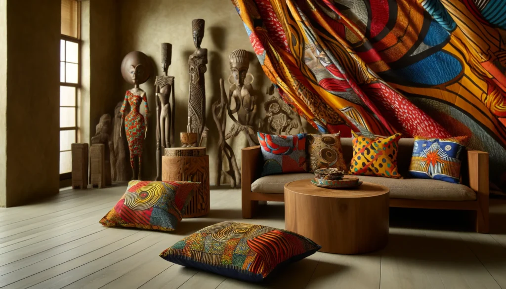 部屋には大胆なパターンと色使いのアフリカンプリントのファブリックが使用されており、クッションカバーやカーテンによって部屋全体が華やかになっています