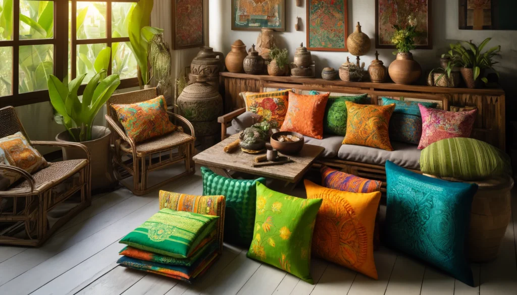 インドネシアのバティックやタイのシルクを使用した鮮やかなファブリックが特徴的で、ライムグリーンやサンセットオレンジのクッションが東南アジアの市場の雰囲気を部屋にもたらしています。また、ラタン、バンブー、ティークウッドの天然素材家具が温もりとリラックスした雰囲気を加えています