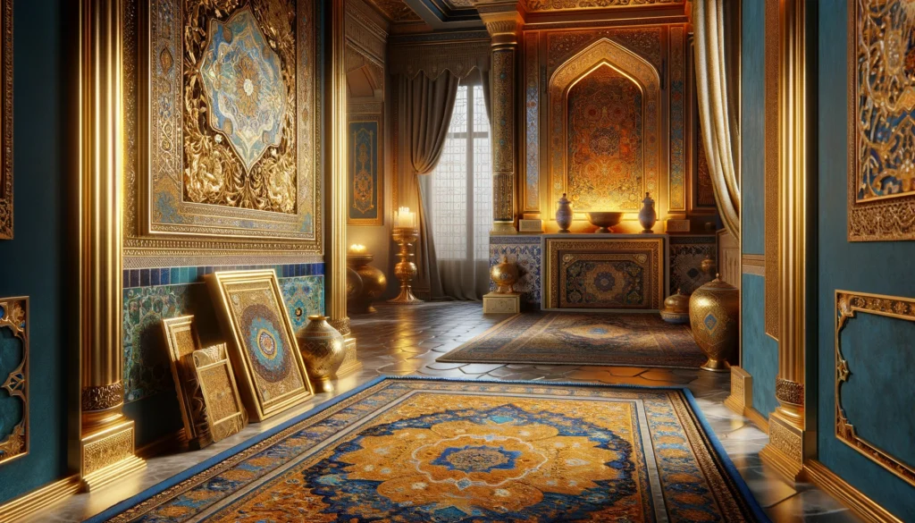 部屋には中東風の豪華な金色とラピスラズリの青色が取り入れられており、ゴールドのフレームや青白のモザイクタイルがさらに空間を豊かにしています。床には豊富な色彩と複雑な模様のペルシャ絨毯が敷かれ、中東の伝統と歴史を感じさせる空間を創出しています