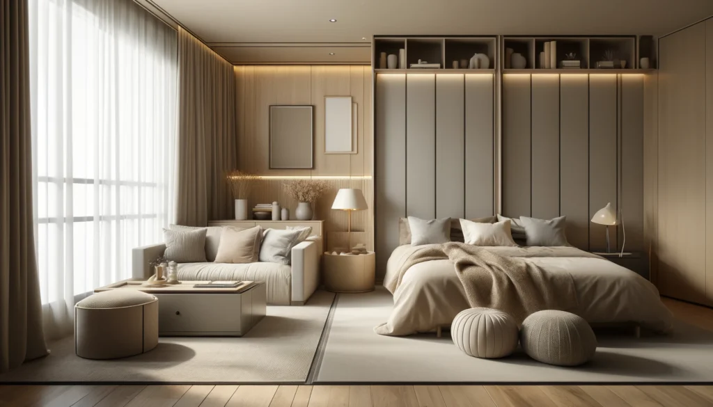 シンプルで機能的な家具配置が特徴で、清潔感と広がりを演出