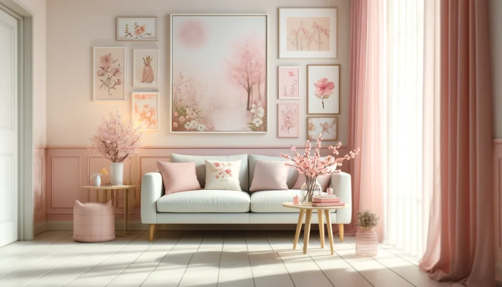 壁にはピンクとパステルカラーの絵やポスターが飾られており、薄いカーテンから差し込む光が部屋を優しく照らしている
